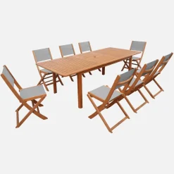 Conjunto mesa de jardín extensible de madera de eucalipto con 8 sillas