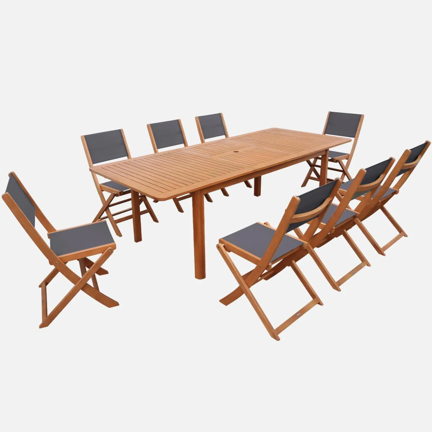 Conjunto mesa de jardín extensible de madera de eucalipto con 8 sillas