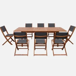 Conjunto mesa de jardín extensible de madera de eucalipto con 8 sillas