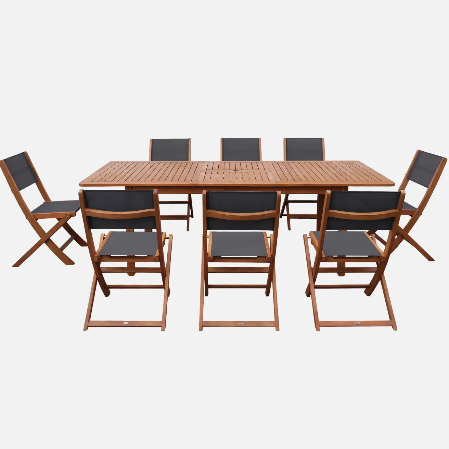 Conjunto mesa de jardín extensible de madera de eucalipto con 8 sillas