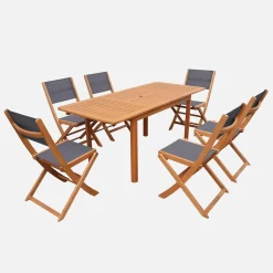 Conjunto mesa de jardín extensible de madera de eucalipto con 6 sillas