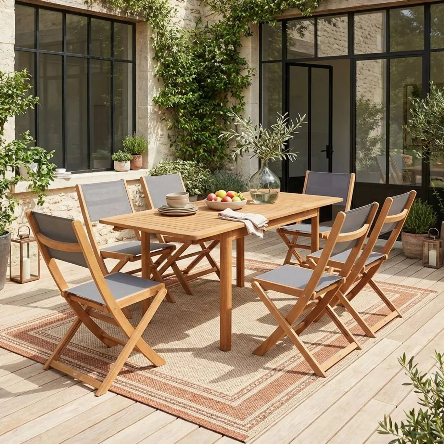 Conjunto mesa de jardín extensible de madera de eucalipto con 6 sillas