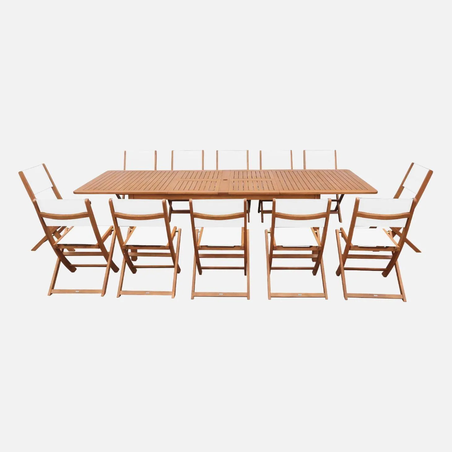 Conjunto mesa de jardín extensible de madera de eucalipto con 12 sillas