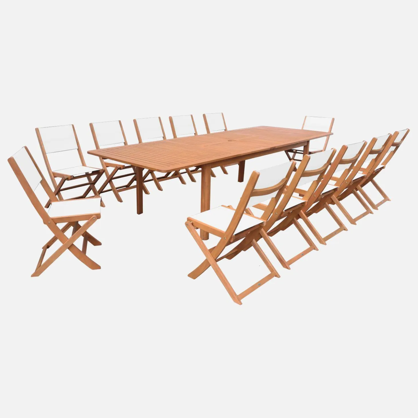 Conjunto mesa de jardín extensible de madera de eucalipto con 12 sillas