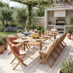 Conjunto mesa de jardín extensible de madera de eucalipto con 12 sillas