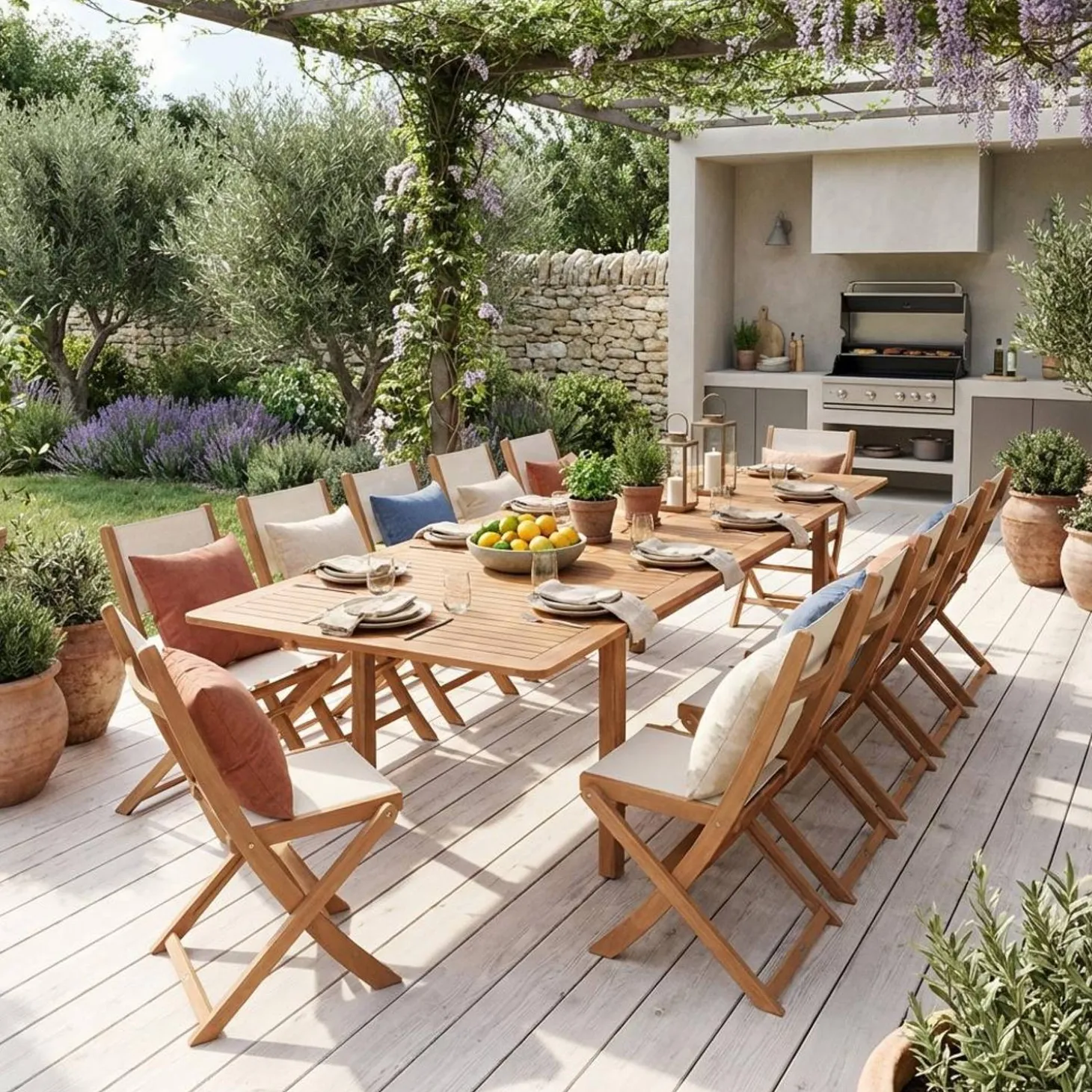 Conjunto mesa de jardín extensible de madera de eucalipto con 12 sillas
