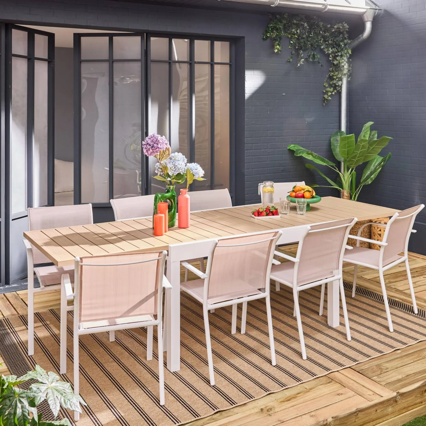 Conjunto mesa de jardín extensible de aluminio con 8 sillas