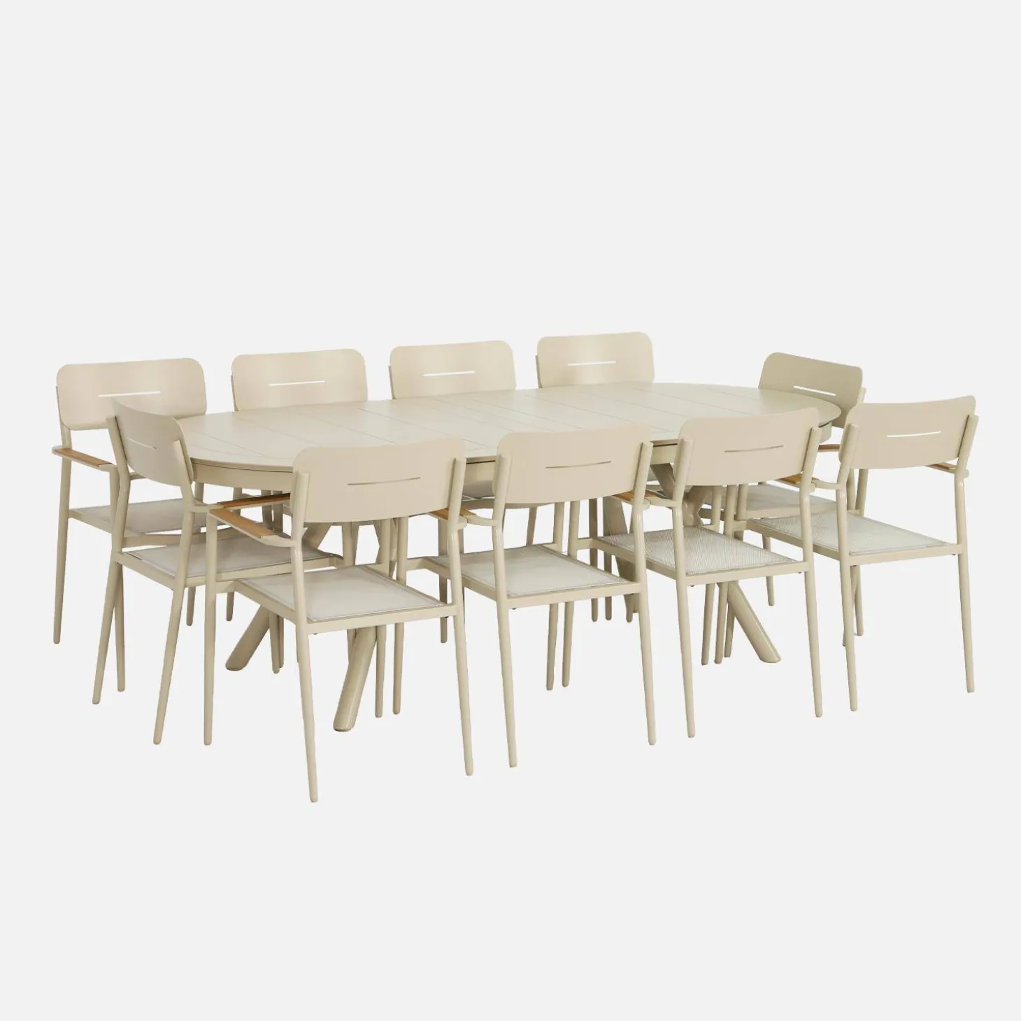 Conjunto mesa de jardín ovalada extensible de aluminio con 10 sillas