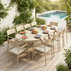 Conjunto mesa de jardín ovalada extensible de aluminio con 10 sillas