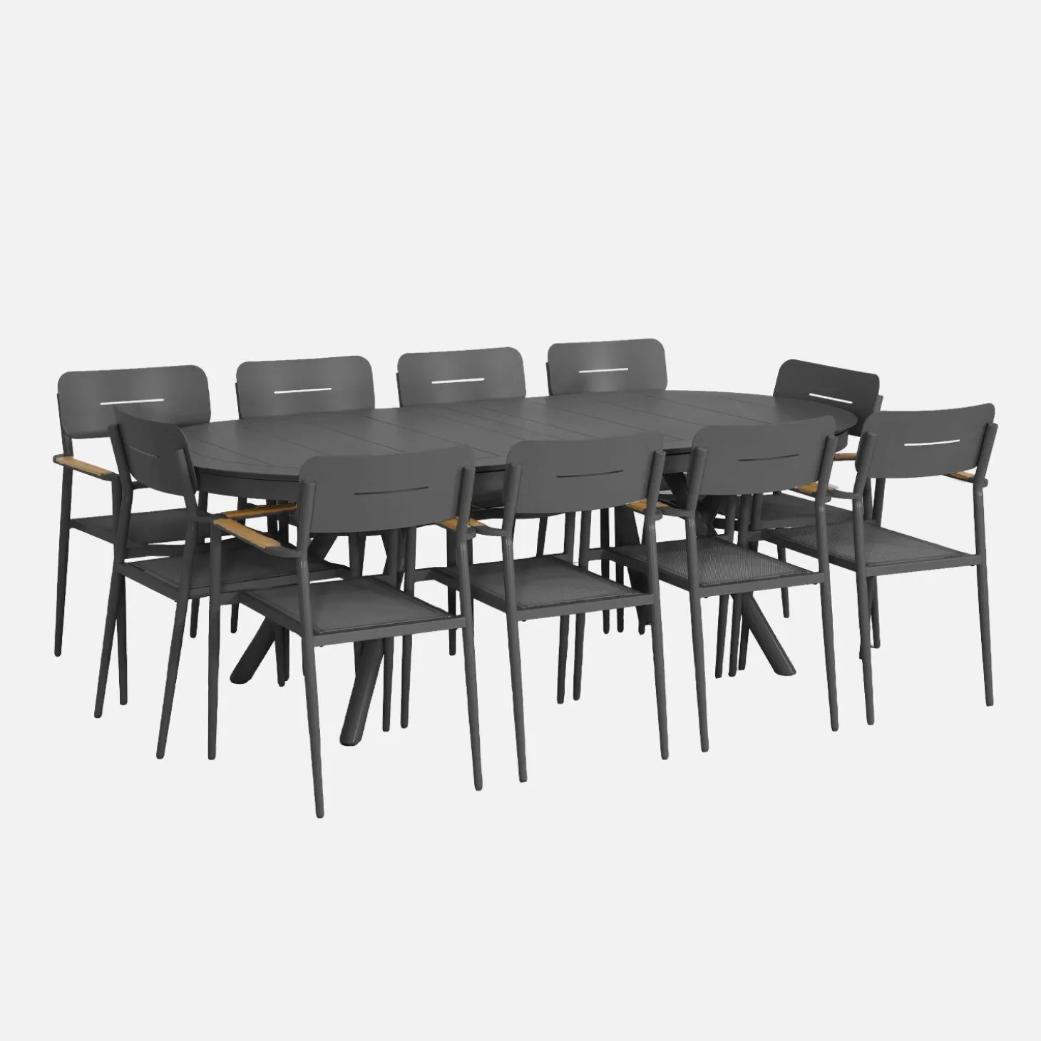 Conjunto mesa de jardín ovalada extensible de aluminio con 10 sillas