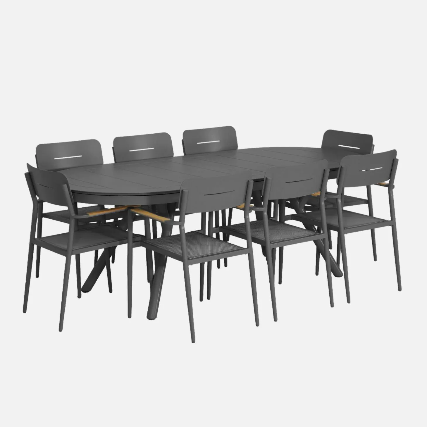 Conjunto mesa de jardín ovalada extensible de aluminio con 8 sillas