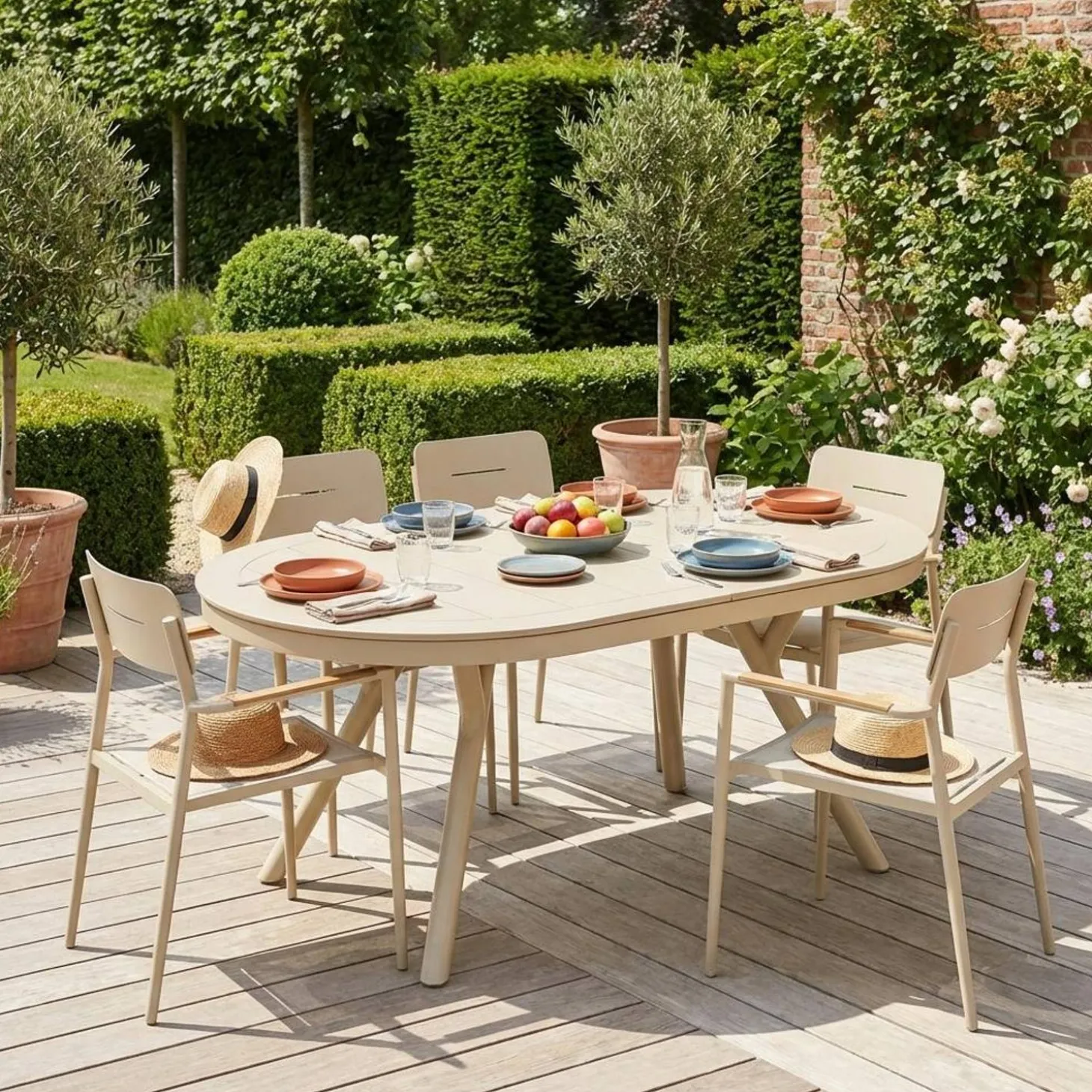 Conjunto mesa de jardín ovalada extensible de aluminio con 6 sillas