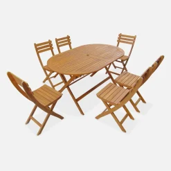 Conjunto mesa de jardín plegable de madera ovalada con 6 sillas