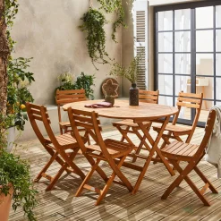 Conjunto mesa de jardín plegable de madera ovalada con 6 sillas