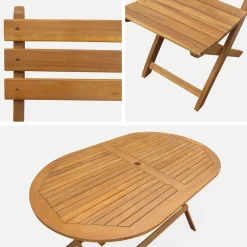Conjunto mesa de jardín plegable de madera ovalada con 6 sillas