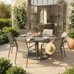 Conjunto mesa de jardín redonda de aluminio con 6 sillas