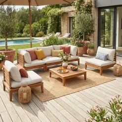 Conjunto muebles de jardín modular de madera de acacia y borreguito, 5 plazas