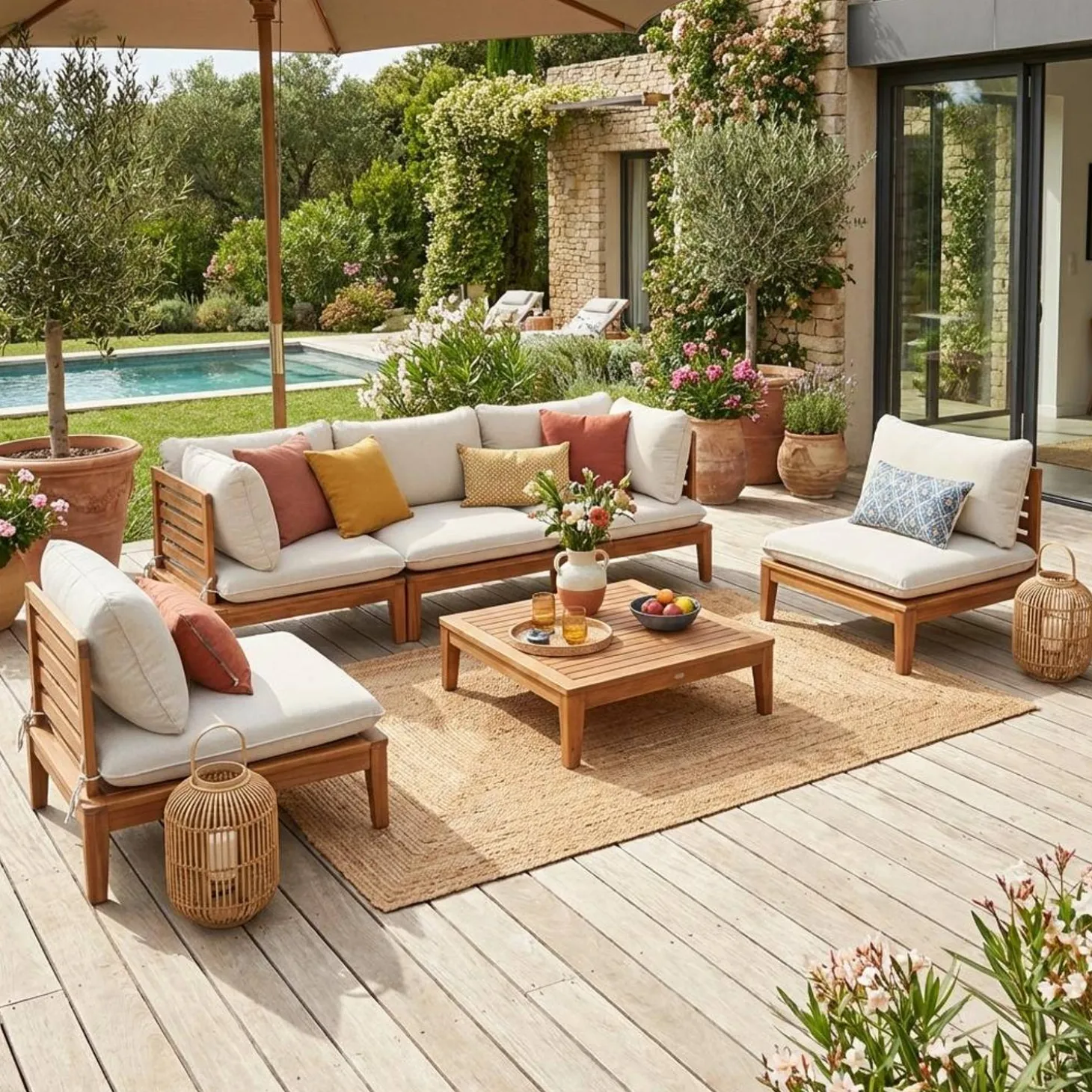 Conjunto muebles de jardín modular de madera de acacia y borreguito, 5 plazas