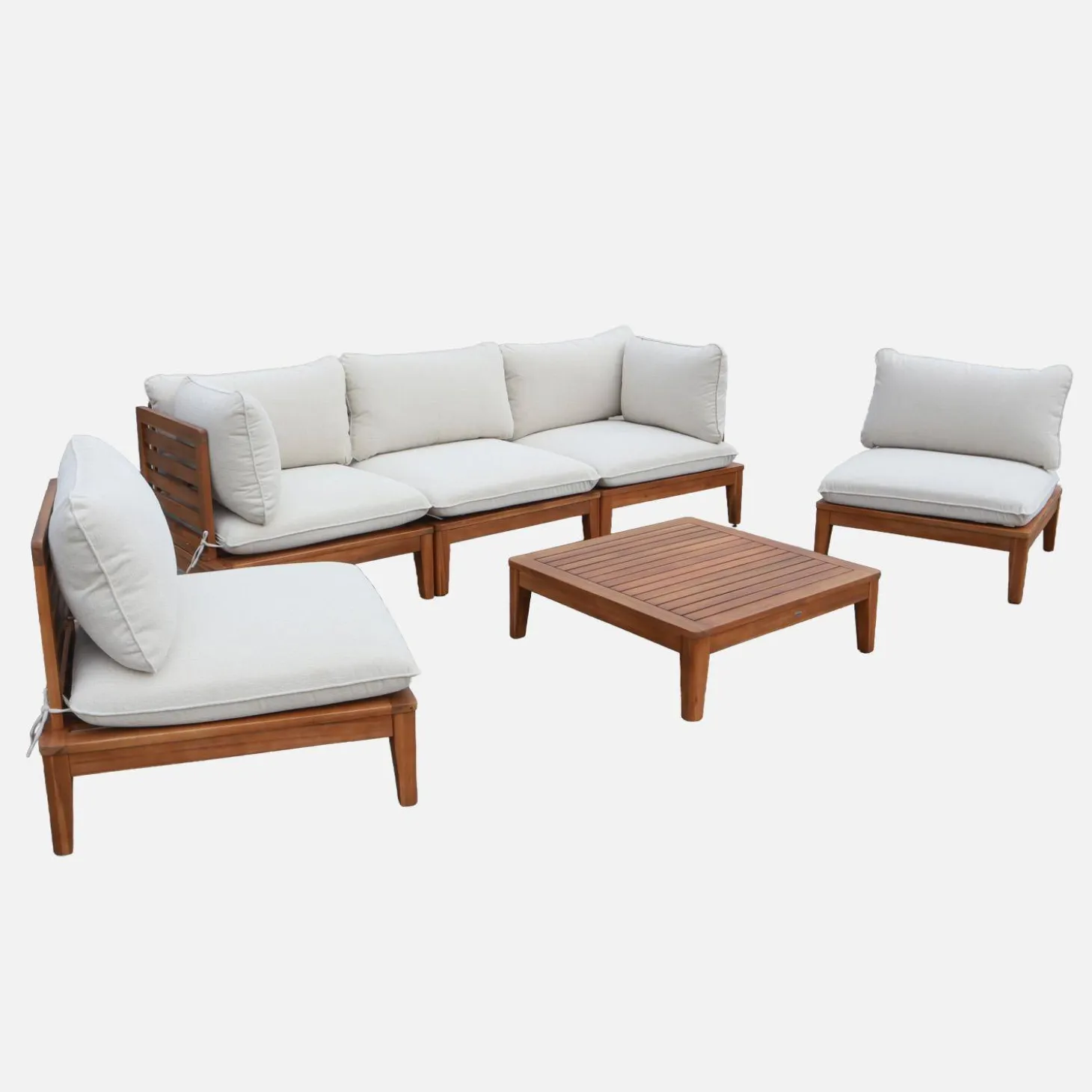 Conjunto muebles de jardín modular de madera de acacia y borreguito, 5 plazas