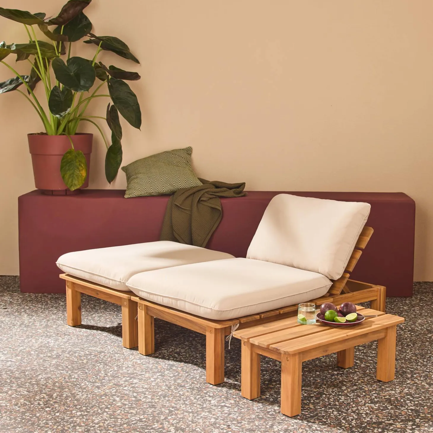 Conjunto tumbona modular de madera de acacia con múltiples posiciones y mesa