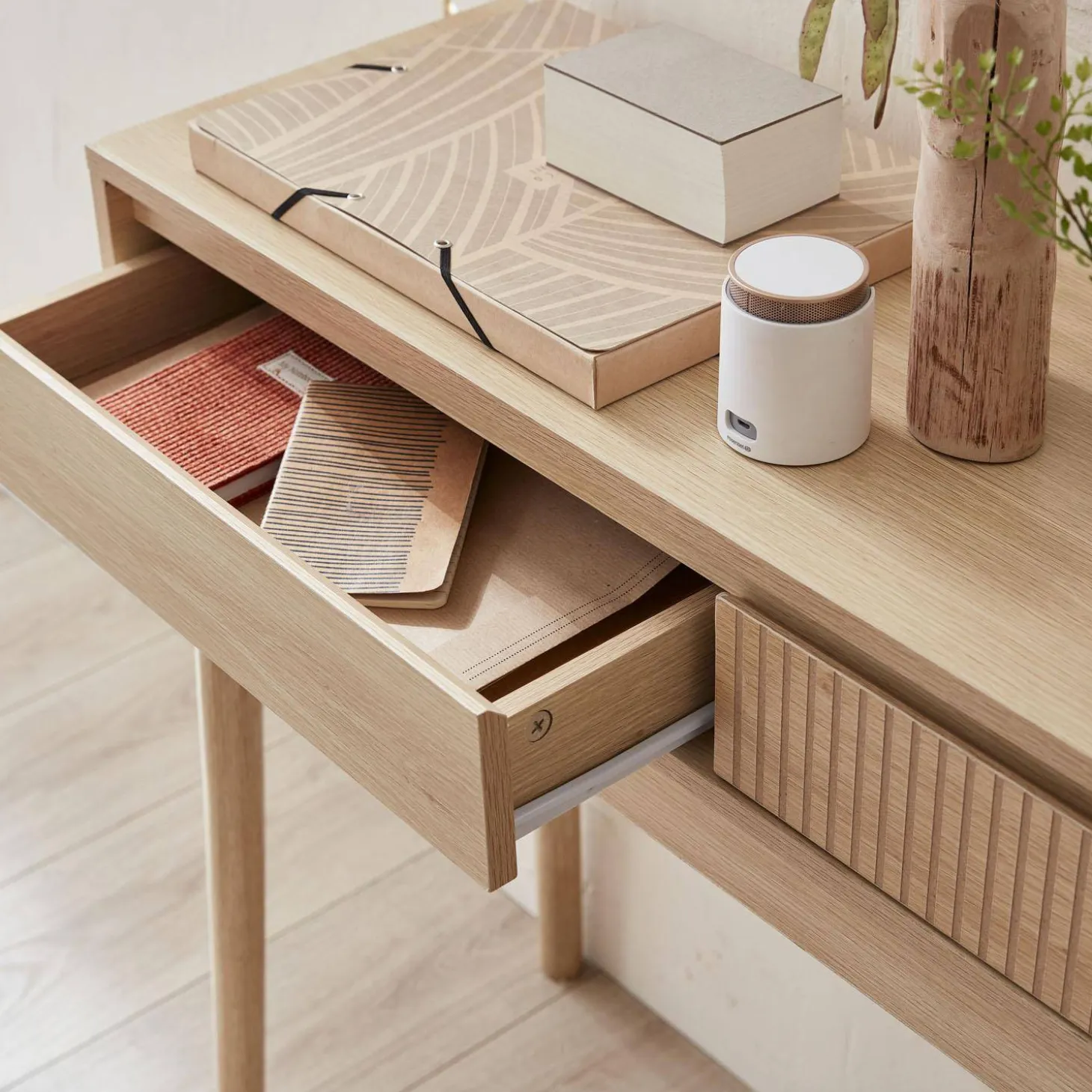 Consola con efecto madera de 2 cajones, 100cm