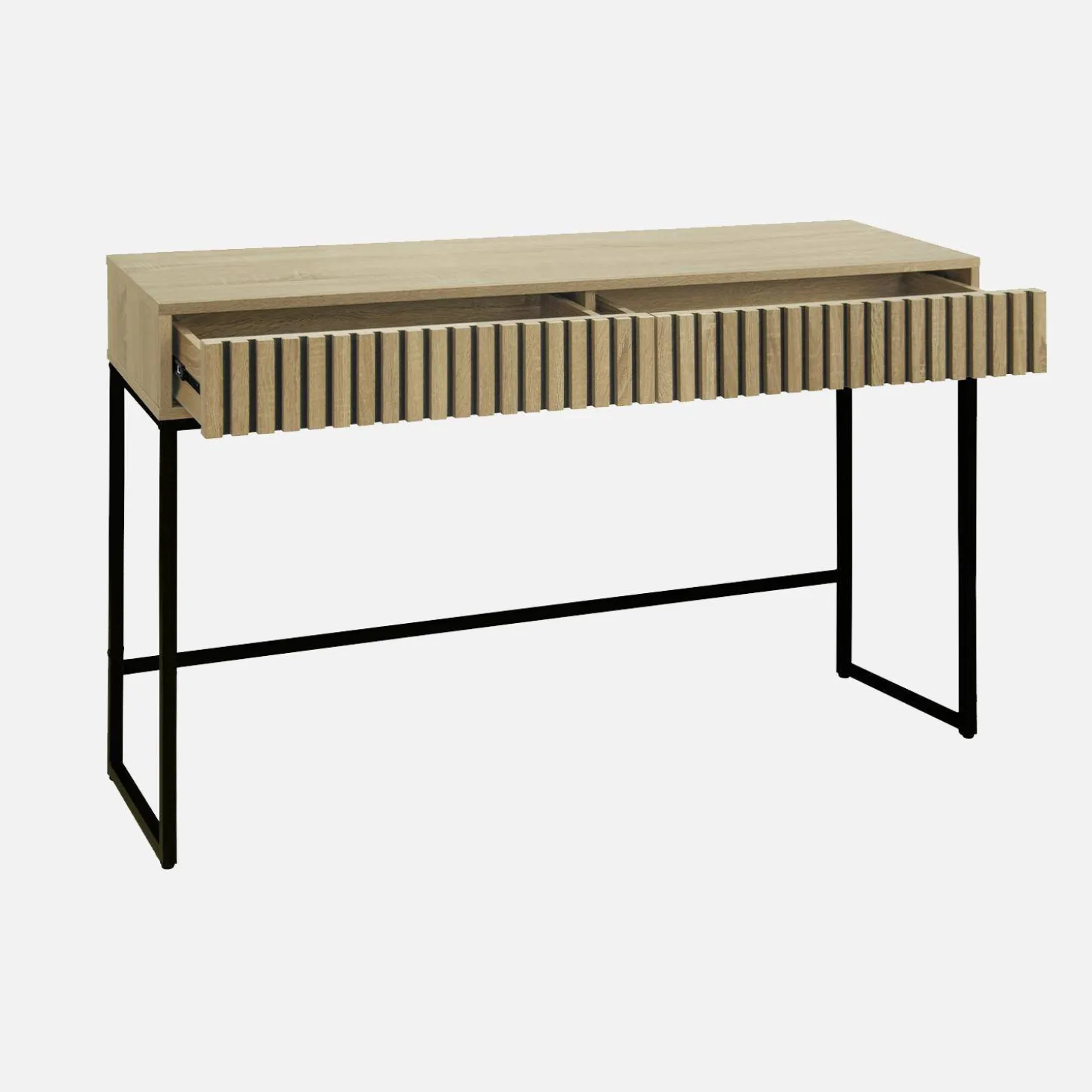 Consola contemporánea de madera estriada y metal con 2 cajones, 120cm