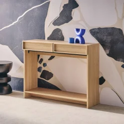 Consola efecto madera con 2 cajones y estante, 100cm