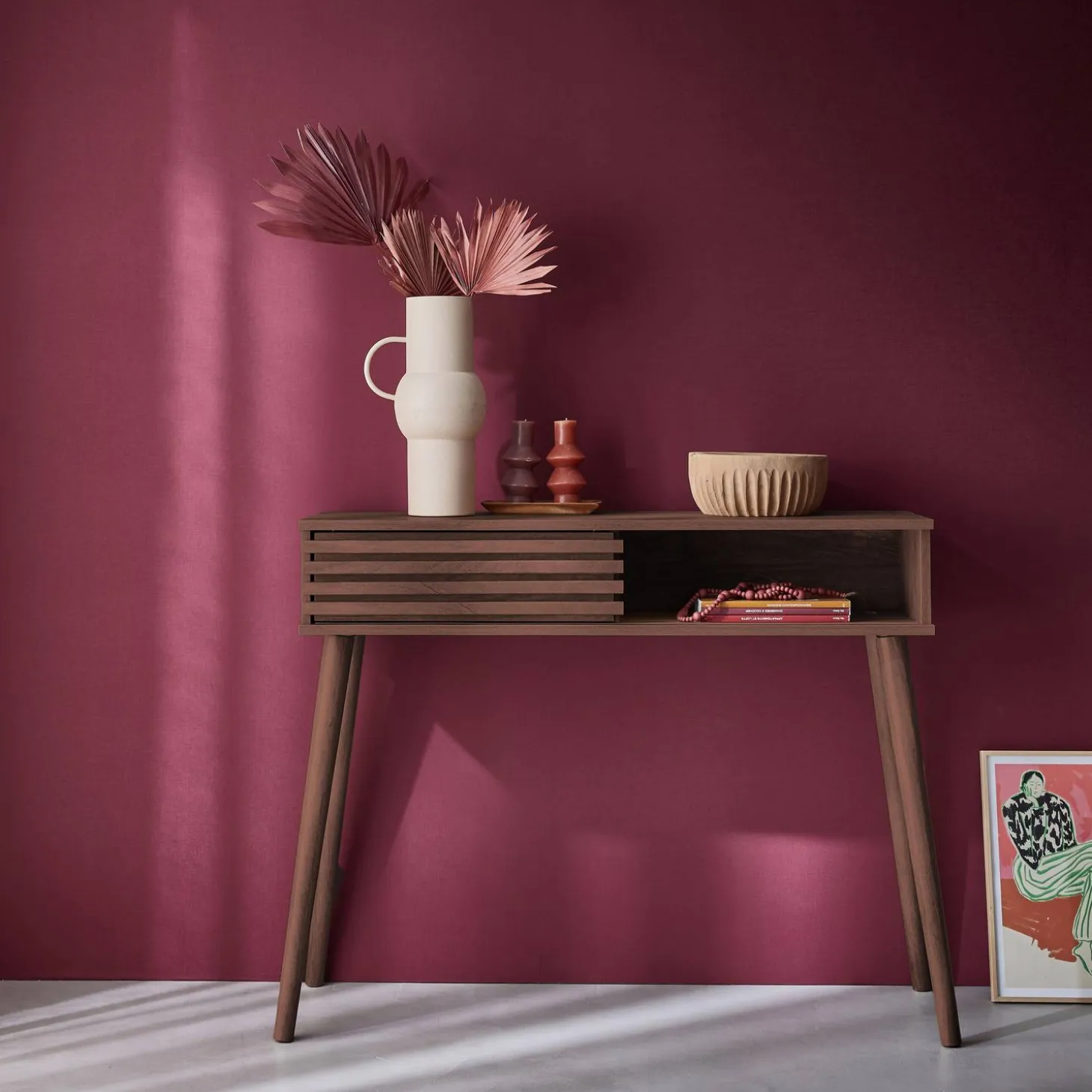 Consola escandinava efecto madera y puerta corredera, 100cm