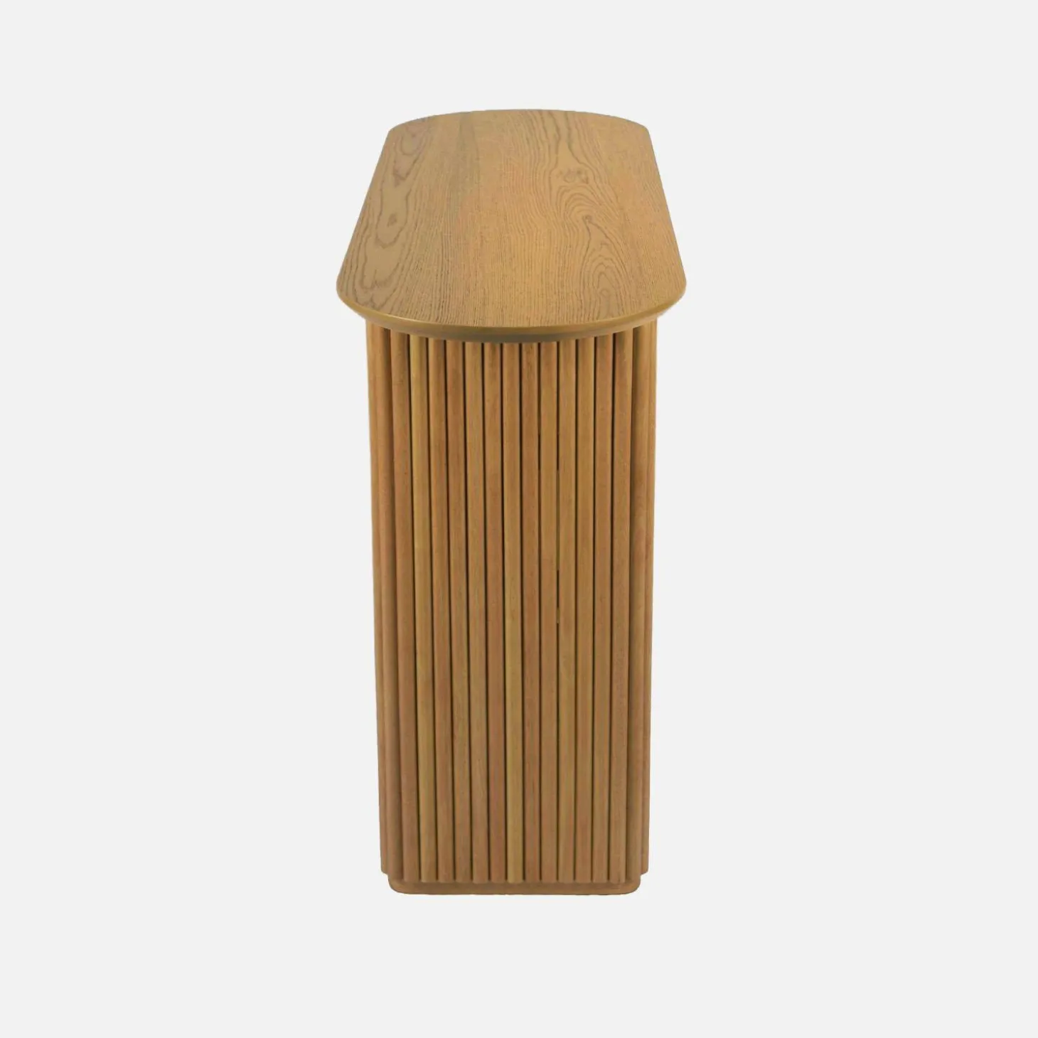 Consola ovalada de madera de caucho con chapa de roble