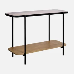 Consola vintage de metal negro con tapa de cristal y decoración de madera, 110cm