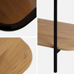 Consola vintage de metal negro con tapa de cristal y decoración de madera, 110cm