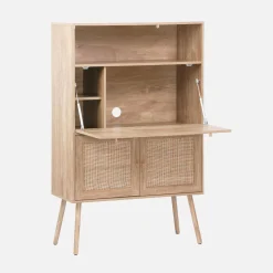 Escritorio de 2 puertas con estantes, efecto madera y caña