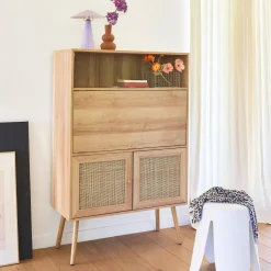 Escritorio de 2 puertas con estantes, efecto madera y caña