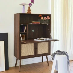Escritorio de 2 puertas con estantes, efecto madera y caña
