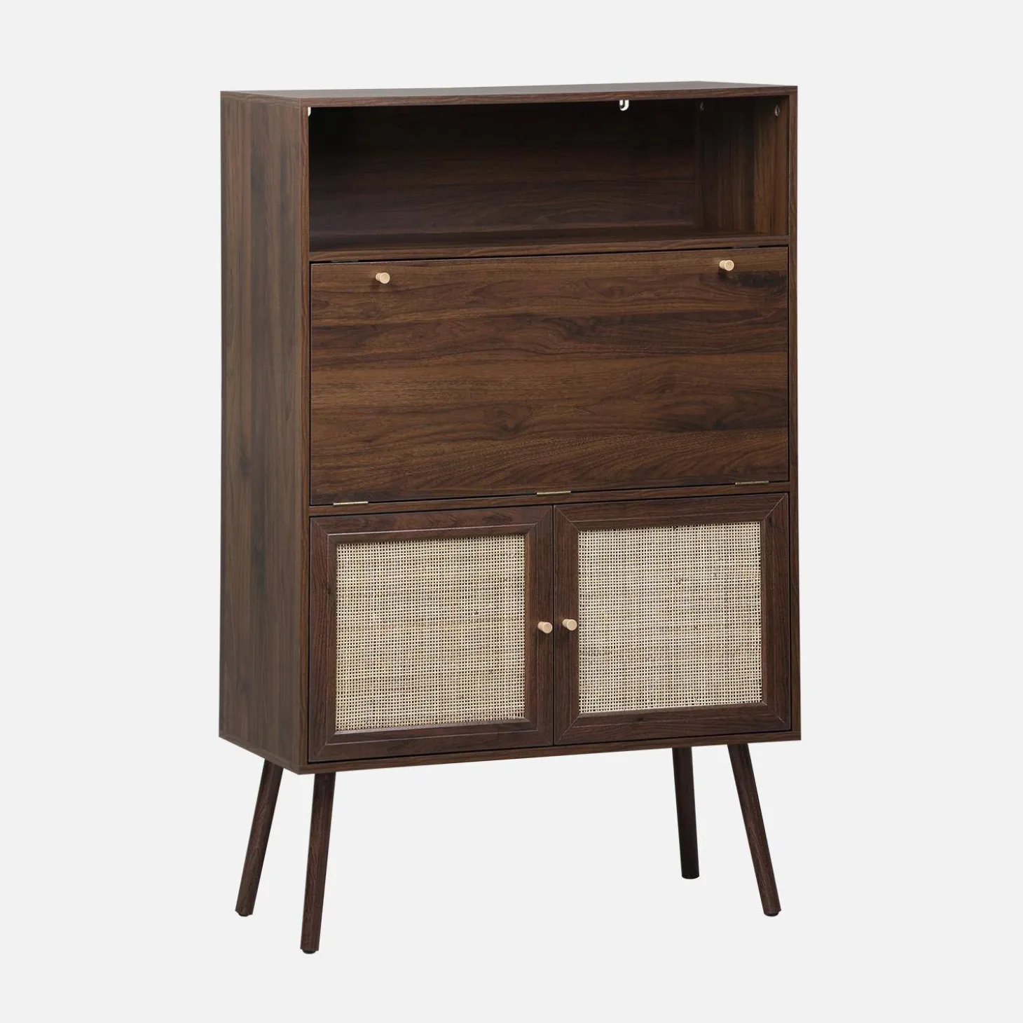 Escritorio de 2 puertas con estantes, efecto madera y caña