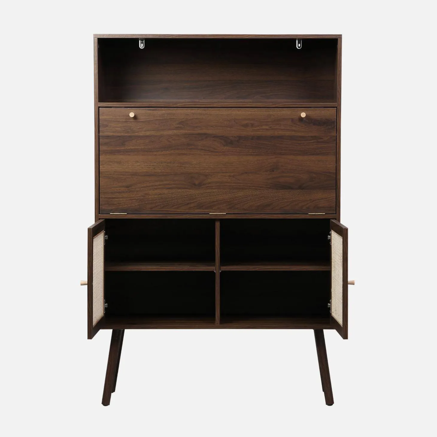 Escritorio de 2 puertas con estantes, efecto madera y caña