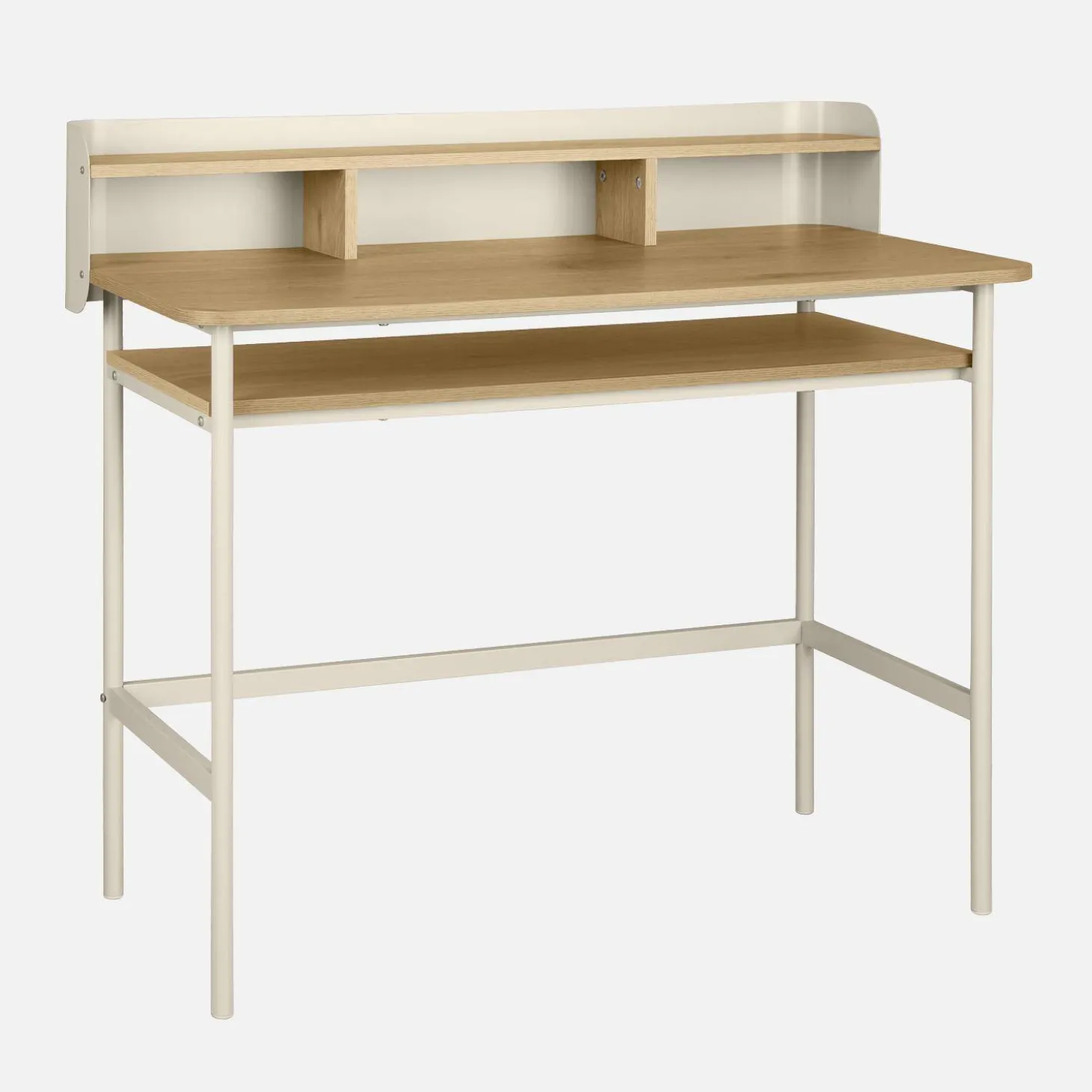 Escritorio de metal y decoración de madera con 3 nichos