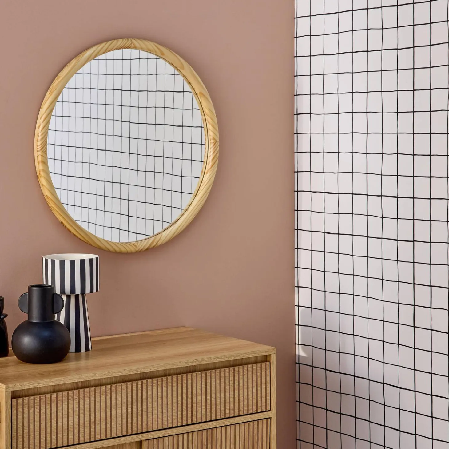 Espejo redondo de madera de pino decorativo de pared, 60cm