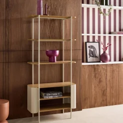 Estantería biblioteca de metal curvado y decoración de madera, 6 niveles
