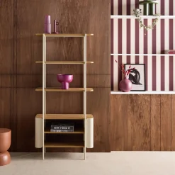 Estantería biblioteca de metal curvado y decoración de madera, 6 niveles
