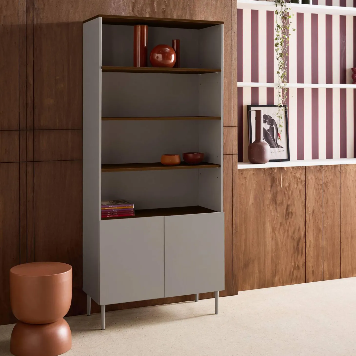 Estantería, biblioteca de metal y decoración de madera de 6 niveles