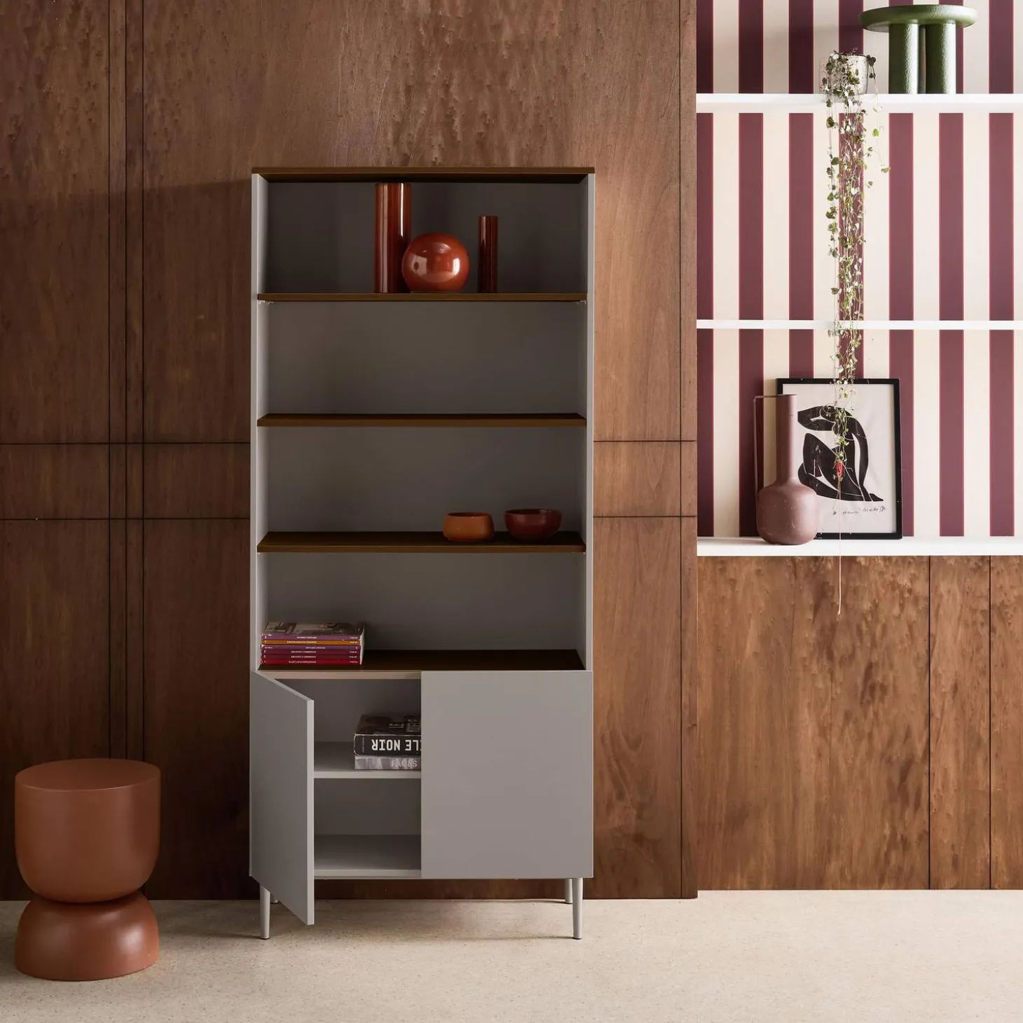 Estantería, biblioteca de metal y decoración de madera de 6 niveles