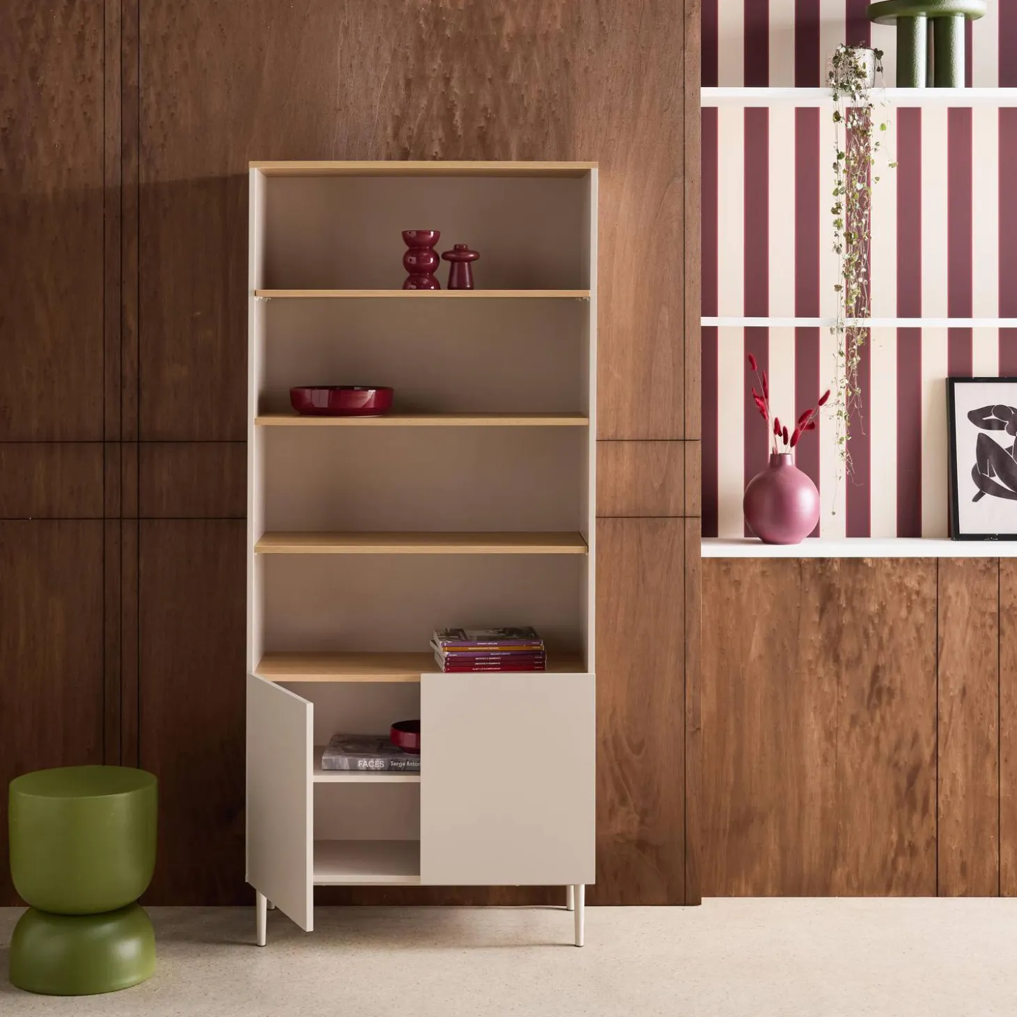 Estantería, biblioteca de metal y decoración de madera de 6 niveles