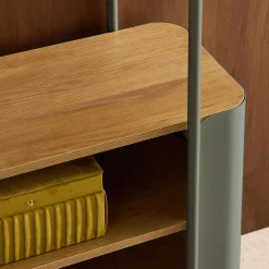 Estantería biblioteca de metal curvado y decoración de madera, 6 niveles