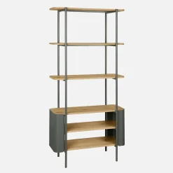Estantería biblioteca de metal curvado y decoración de madera, 6 niveles