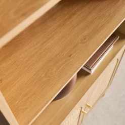 Estantería biblioteca decorativa de madera y mimbre 4 niveles, 2 puertas
