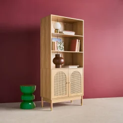 Estantería biblioteca decorativa de madera y mimbre 4 niveles, 2 puertas