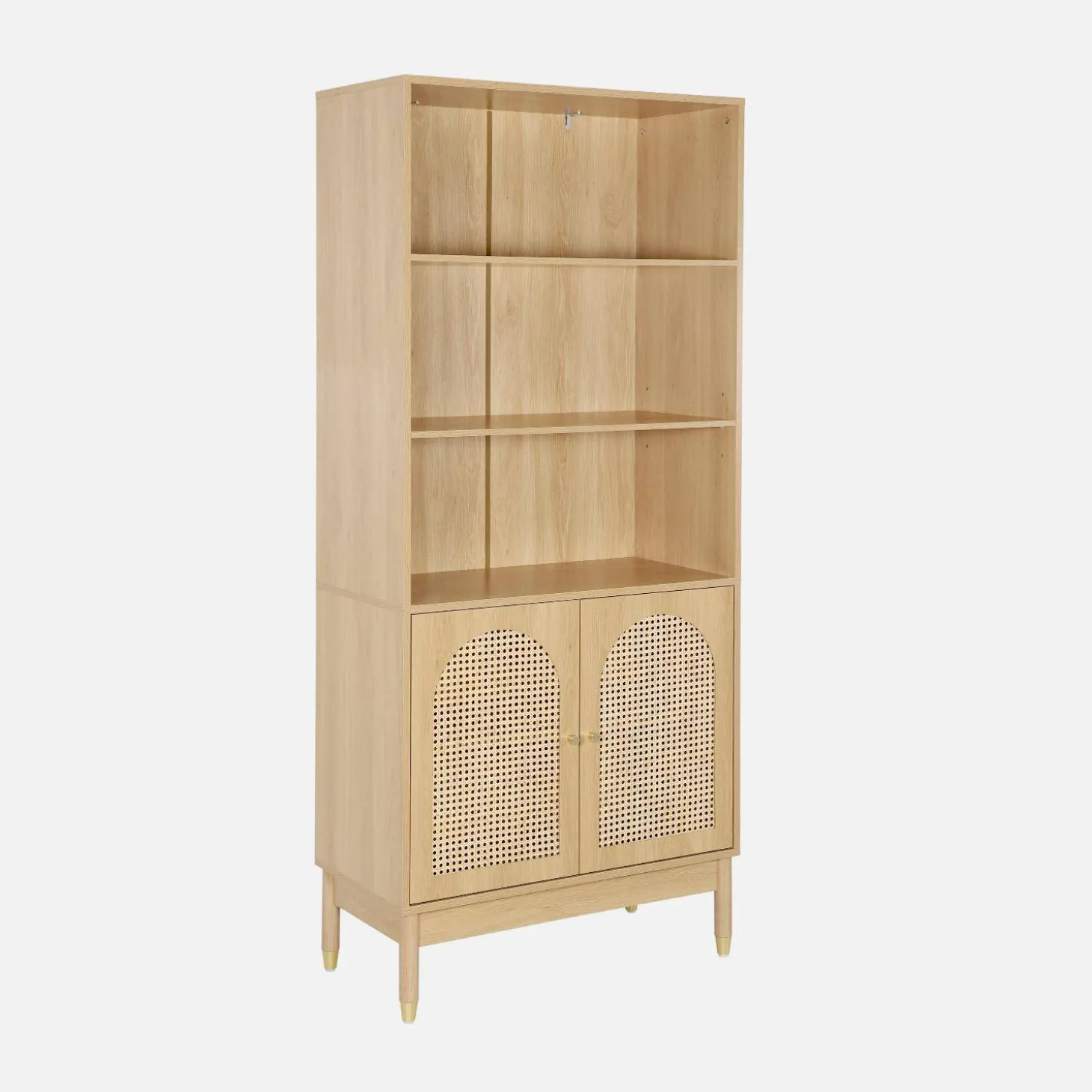 Estantería biblioteca decorativa de madera y mimbre 4 niveles, 2 puertas