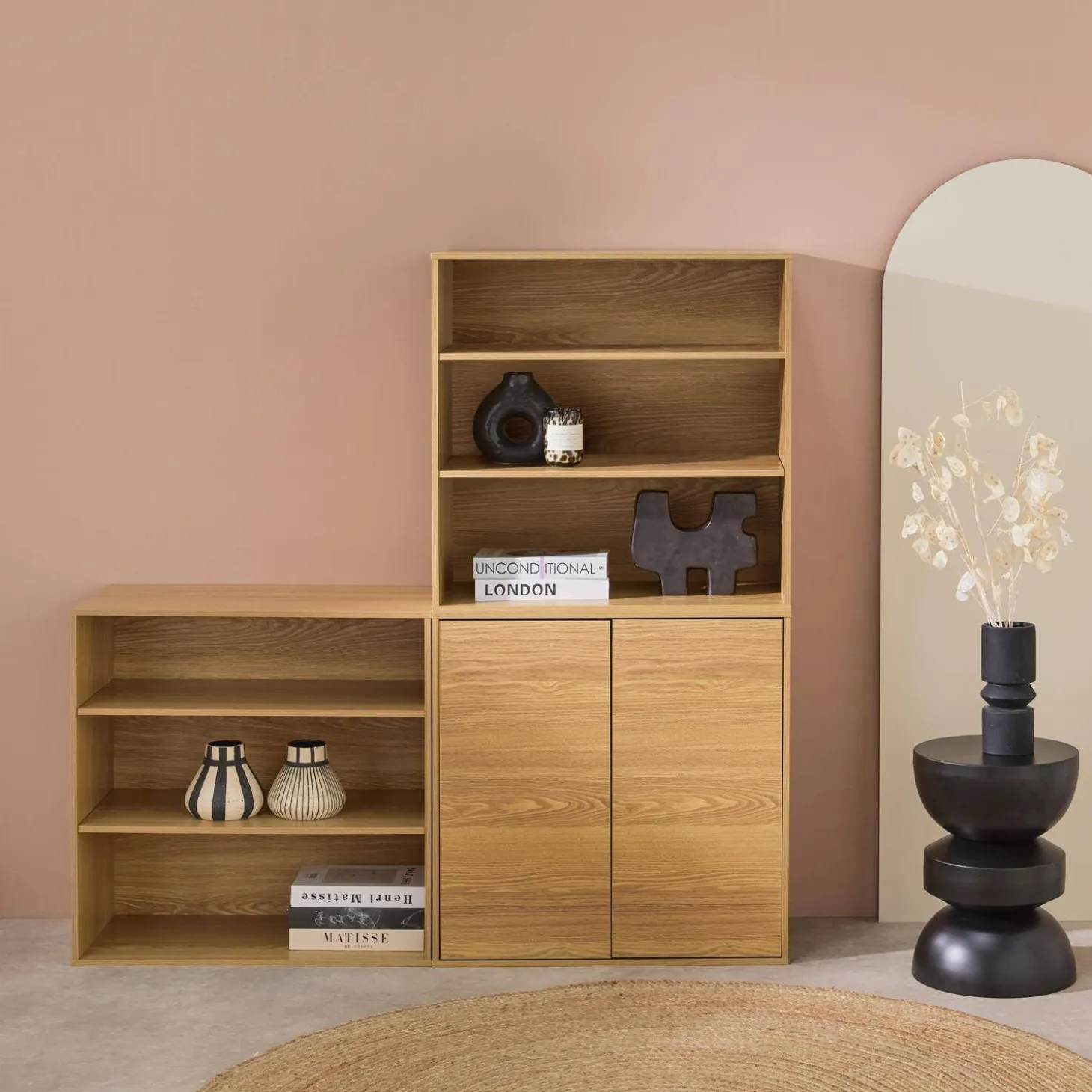 Estantería, biblioteca modular con 3 elementos, 2 puertas y 6 estantes