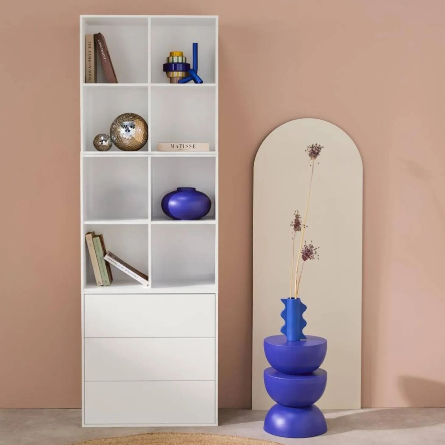 Estantería, biblioteca modular con 3 cajones y 8 nichos